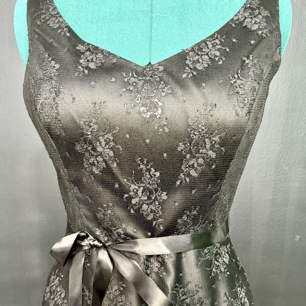 Vintage Lazaro formal little black dress, satin with lace overlay, size 12